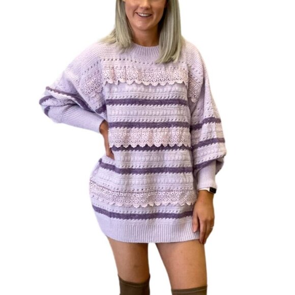 Purple Fringe Chunky Knit Lace Sweater Striped Ribbed Oversized - Picture 2 of 14